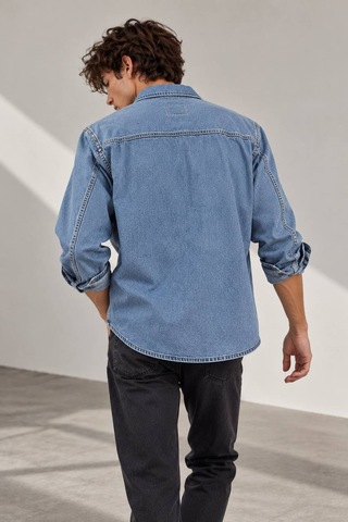Little Cup Jeans Co Açık Mavi Premium Tok Kumaş Çift Cep 90lar Erkek Denim Kot Gömlek