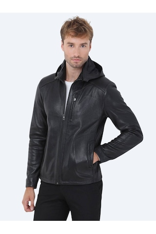Kip Siyah Regular Fit Kapüşonlu Smart Casual Koyun Derisi Deri Mont