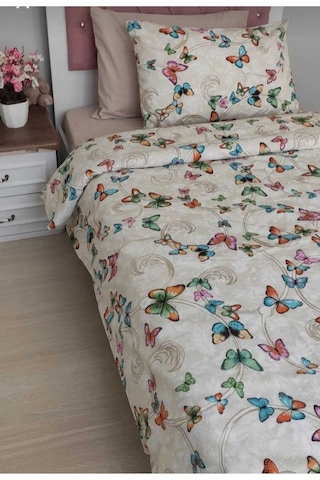 Lionas Tek Kişilik Nevresim Takımı Lastikli Çarşaf 2 Yastık 4 Parça Bej Kelebek