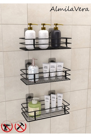 Güçlü Yapışkanlı Kancalı 3 Adet 3 Katlı Banyo Mutfak Düzenleyici Rafı Mat Siyah Siyah