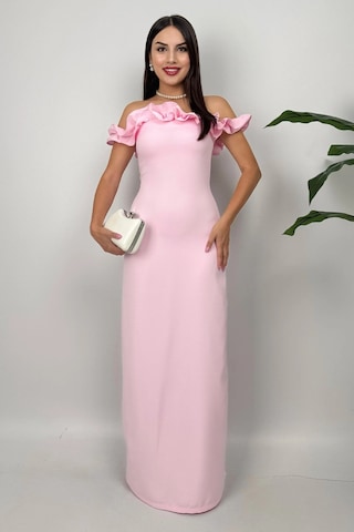 Arlina Madonna Yaka Göğüs Büzgülü Uzun Pembe Abiye Elbise Pembe
