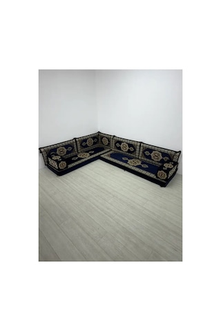 Güneş Modeli Lacivert Otantik Şark Köşesi Takımı L Set - Geleneksel Yer Minderi Seti 10 Cm Minder Kalınlığı 9 Parça