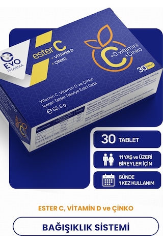 Evo Pharma Ester C - D Vitamini ve Çinko İçeren Takviye Edici Gıda 30 Tablet