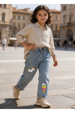 Kaizer Jeans Dondurma & Unicorn Baskılı Çocuk Pantolonu Buz Mavi