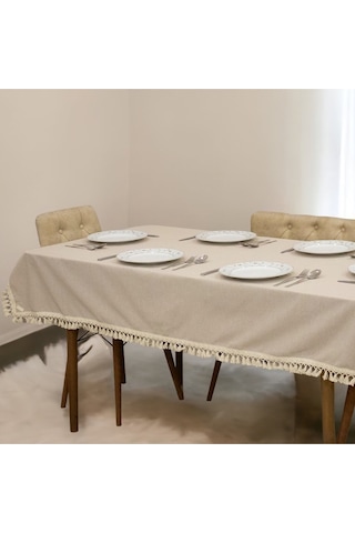 Dnc Home Tekstil Bej Pamuk Keten Ponponlu Masa Örtüsü Bej