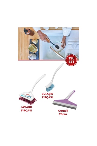 Flora 3 Lü Trendy Temizlik Seti, F367 Bulaşık Fırçası + F388 Lavabo Küvet Fırçası + F009 Camsil Seti