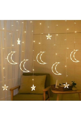 Dekoratif 8 Fonksiyonlu Ay Yıldızlı Perde Led 12 Sarkıt Ip Led Ekstra Yıldızlı Gün Işığı