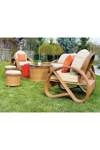 Monalin Home Garden Helix 5 Kişilik Ekstra Lüks Rattan El Örgüsü Bahçe & Balkon & Teras Oturma Grubu Minderli & Camlı Oturma Grubu Krem