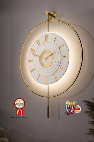 Metaquartz Aksesuar Led'li Gold 7-24 Kristal - Büyük Boy 50x75cm - 3 Adet Pil Hediye Dekoratif Metalduvar Saati 40 Çok Renkli
