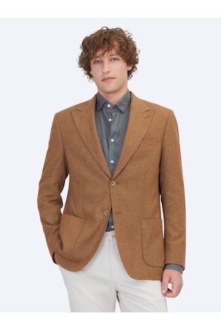 Kip Kahverengi Desenli Modern Fit Keten Karışımlı Ceket