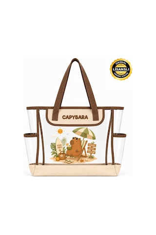 Capybara Lisanslı Figürlü Plaj Çantası Şeffaf Yüzeyli, Geniş Hacimli Bej
