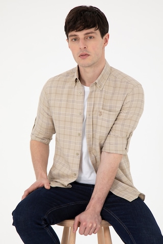 U.S. Polo Assn. Erkek Açık Haki Kareli Slim Fit Cepli Gömlek 50296624-VR183