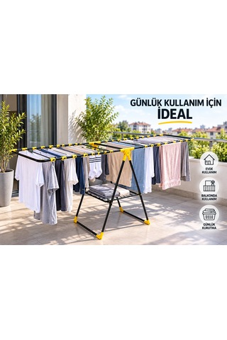 Arvıona 190 Cm Kanatlı Çamaşır Kurutmalığı Mandal Sepetli Metal Sarı - Siyah