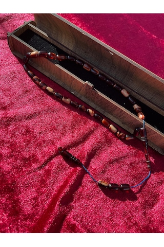 Özel Kutulu Dalgalı Kahverengi Ateş Kehribar Model Püsküllü Tesbih