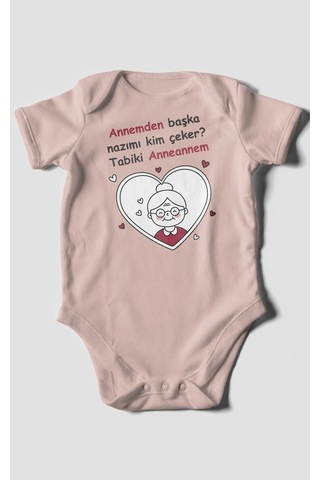 Annemden Başka Nazımı Kim Çeker Tabiki Annanem Baskılı Bebek Zıbını Çıtçıtlı Body Kısa Kol Pastel Pembe