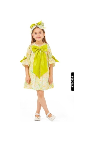 Xo Kids A-line Kalıplı Büzgülü Kollu Kurdele Detaylı Yay Başörtülü Kız Çocuk Elbise 1-5 Yaş 6564 Yeşil