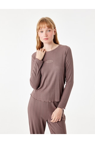 Koton Modal Kumaş Uzun Kollu Bisiklet Yaka Pijama Üstü Kahverengi 7wlk40068mk Kahve