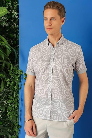 Efor Slim Fit Düğmeli Yaka Desenli Kısa Kol Pamuk Gri Gömlek G 1503 Gri