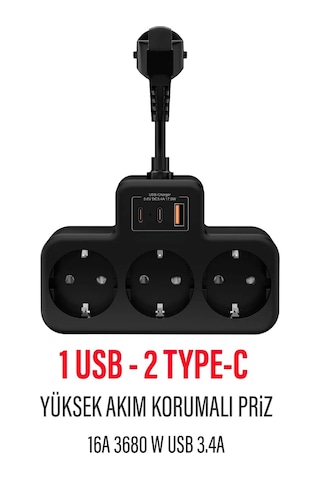 Fulltech Çoklu Kablolu Priz Yüksek Gerilim Korumalı 3 Lü Priz 1x Usb 2x Type-c Çıkışlı Grup Priz Çoğaltıcı 0