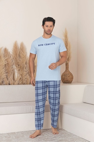 Sude Homewear Erkek Ekoseli Kısa Kol Pijama Takımı Mavi