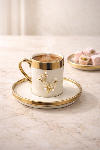 2 Kişilik Lüks Beyaz Gold Yaldızlı İnci Lotus Kahve Fincan Takımı Seti 100ml
