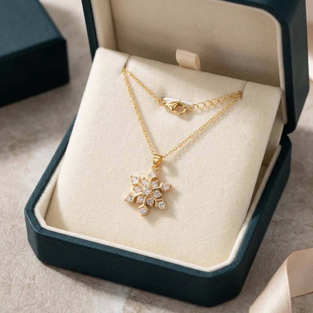 Kar Tanesi Figürlü Taşlı Gold Renk 316l Çelik Kadın Kolye