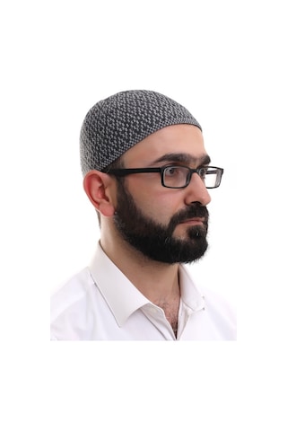 Açık Gri Kışlık Orlon Namaz Takkesi Baklava Desenli Takke Gri