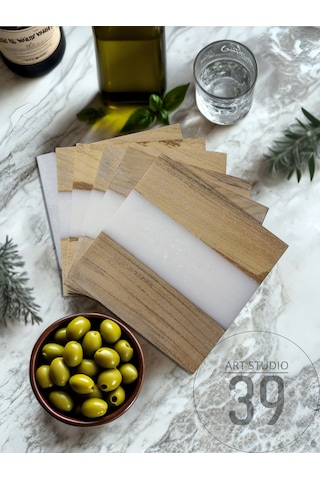 Ceviz & Beyaz River Epoksi Bardak Altlığı Seti 6 Lı, El Yapımı Ceviz Ahşap, 12x12 Cm, Modern & Şık Tasarım Beyaz