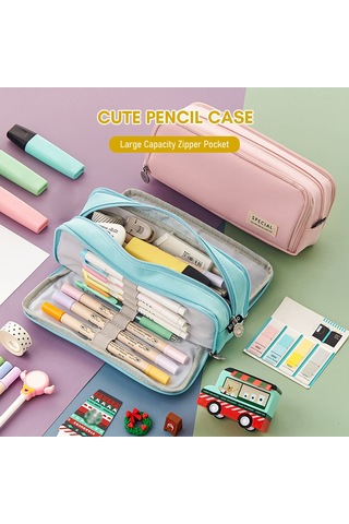 Aubyhe Genç Kızlar İçin Çok Fonksiyonlu Oxford Kumaş Kalem Çantası - 21x5x9cm Yeşil Renk İki Pencere Tasarımı Yeşil