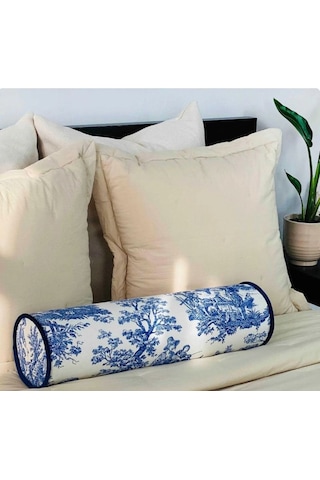 Mavi Fransız Köylüsü Keten Bolster Yastık. Silindir Rulo İc Dolgulu Fermuarlı Yastık Renkli