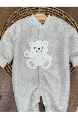 101 Dalmaçyalı Peluş Ayıcık Nakışlı Patikli Çıtçıtlı Kışlık Erkek Bebek Tulum Gri