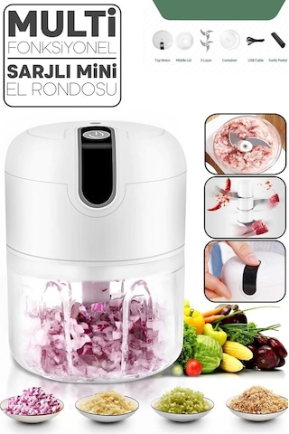 Şarjlı Mini El Rondosu Çelik 3 Bıçaklı 250 Ml Mutfak Robotu Hazneli Rondo Sebze Et Doğrayıcı Rende