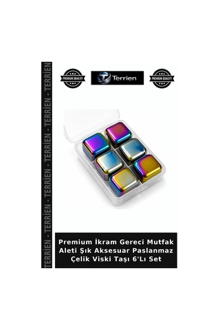 Premium İkram Gereci Mutfak Aleti Şık Aksesuar Paslanmaz Çelik Viski Taşı 6'lı Set