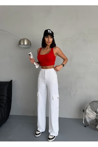 Gabardin Pantolon Wide-leg Fit Yüksek Bel Kargo Cepli Beyaz