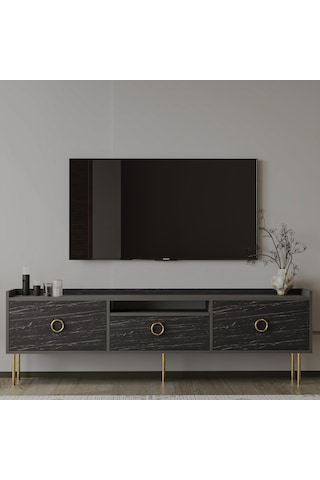 T0015 Lidya Kapaklı, Açık Raflı Tv Sehpası - Antrasit/siyah Mermer Antrasit/siyah Mermer