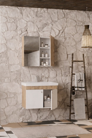 Milano 80 Cm, Lavabolu Banyo Dolabı Seti, Lavabo Dahil, Ayna Dahil, Sonomo Meşe, Mdf Beyaz - Sonomo