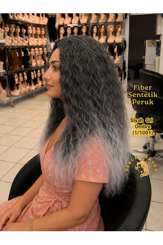 Afro Su Dalgası Peruk Fiber Sentetik Siyah Gri Ombre