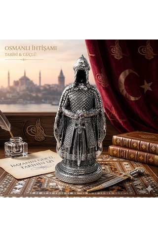 Prestij Güç Sembolü Tarihi Osmanlı Zırhlı Pelerinli Savaşçı Asker Biblo Anlamlı Hediye Gümüş 28 Cm Çok Renkli