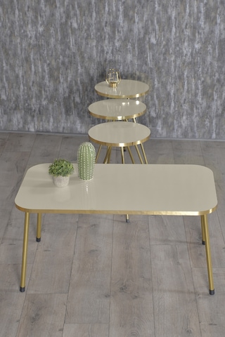 Zigon Sehpa Ve Orta Sehpa Kr Gold Metal Ayak Gold Krem Set