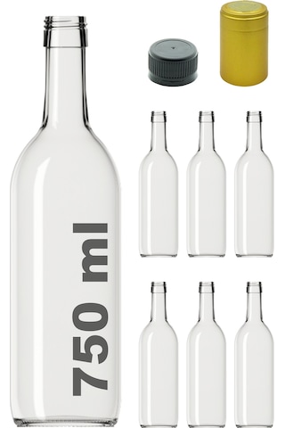 Afracam Standart Şeffaf 750 ML Sızdırmaz Kapaklı Ve Kapüşonlu Boş Cam Şişe 6 Adet