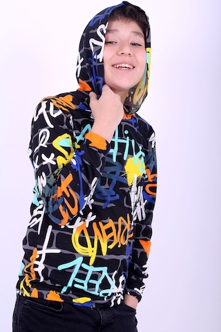 Fyk Kids Kapüşonlu Desenli Unisex Sweatshirt 2 İplik Siyah
