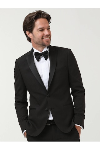 Kip Siyah Desenli Slim Fit Kruvaze Yaka Dokuma Smokin Takım Elbise 001