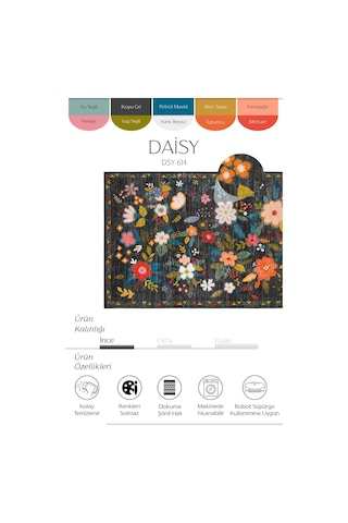Cool Halı Daisy Siyah Dekoratif Çiçekli Tasarım Otantik İnce Yıkanabilir Dokuma Şönil Salon Halısı
