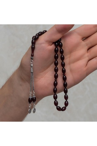 925 Ayar Gümüş Püsküllü Bordo Kehribar Tesbih