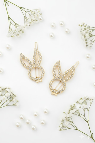 Tavşan Modelli Metal Toka, Metal Klipsli Tavşan Toka 2 Adet Altın