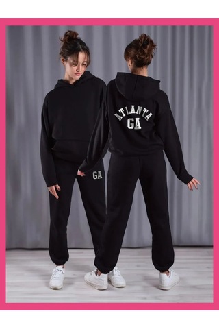 Modern Moda Kadın Atlanta Baskılı Kapüşonlu Sweatshirt Alt Üst Eşofman Takımı Rsatk010 Siyah