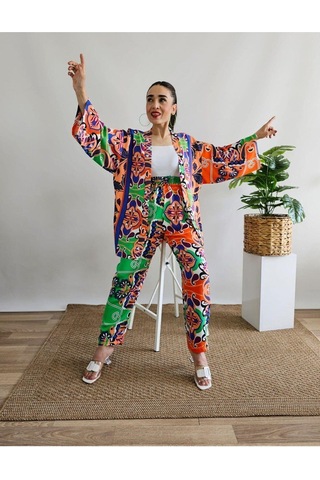 İpli Turuncu Renk Etnik Desenli Viskon Kumaş Kimono Takım Turuncu
