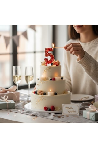 Turuncu Simli Pasta Mumu Doğum Günü Mum 5 Yaş