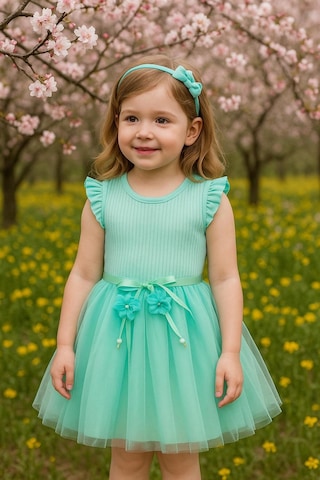 Kız Çocuk Yeşil Fırfırlı Tül Etekli Özel Gün Doğum Günü Günlük Prenses Sevimli Şık Elbise Yeşil