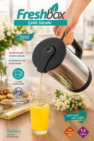 1,5 Litre 304 Paslanmaz Çelik Sürahi Sıcak Soğuk İçecek Sürahisi Çelik Termal Sürahi Çok Renkli